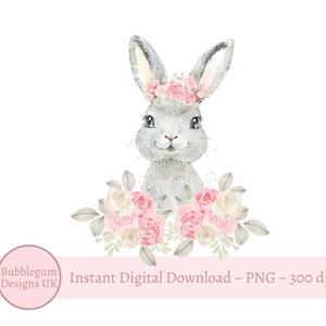 Graues Häschen rosa Blumen PNG, Aquarell Osterhase Sublimationsdesign, Häschen-Geburtstagskarte Design, sofortiger digitaler Download,