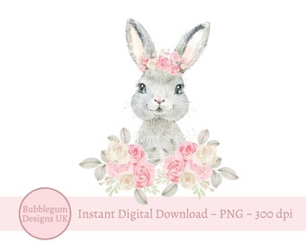 グレーのウサギとピンクの花柄のPNG画像、水彩画風イースターバニーの昇華プリントデザイン、ウサギの誕生日カードデザイン、即時デジタルダウンロード