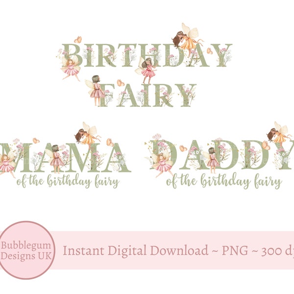 FAMILY BUNDLE Green Birthday Fairy, Fairy Wildflower PNG, Fairy Sublimation Design, Birthday Tee, Flower Fairies, Instant Digital Download