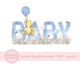 Classic Winnie The Pooh & Blue Balloon, Baby PNG, Winnie The Pooh Baby Shower Sublimation Design, Hello Baby, Instant Digital Download