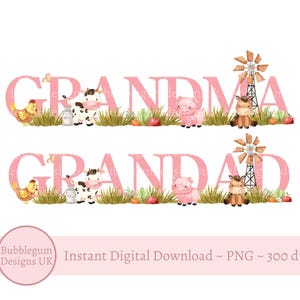Grand-mère et grand-père rose ferme anniversaire PNG, sublimation animaux de la ferme, chemise anniversaire, vache, agneau, cheval, téléchargement immédiat
