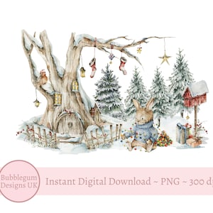 Weihnachten Winter Waldhase PNG, Winterhase Sublimationsdesign, 1. Weihnachtskartendesign, Weihnachtssack Design, sofortiger digitaler Download