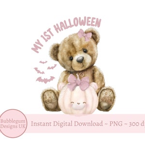 Il mio primo orsacchiotto di Halloween, zucca rosa, PNG, disegno a sublimazione per maglietta per neonati di Halloween, sacchetto per dolcetti di Halloween, download digitale istantaneo