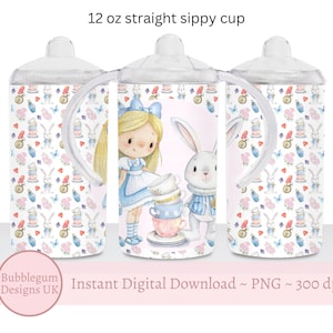 Alice & White Rabbit 12oz Prosty Kubek Niekapek Sublimacja Projekt, Szablon Kubka Sublimacyjnego, Projekt Dziewczęcego Kubka Tumbler, Natychmiastowe Pobieranie Cyfrowe