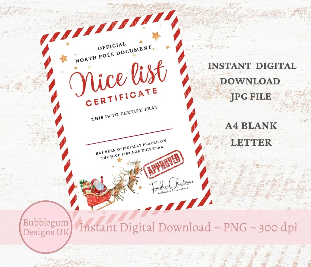Father Christmas Nice List Certificate, A4 Santa Sleigh Christmas