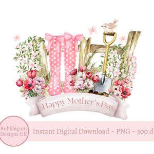 Jardinero con botas de agua rosas PNG, diseño de sublimación de jardinería, feliz día de la madre, jardín de primavera, tarjeta del día de la madre, descarga digital instantánea