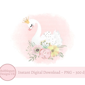 Witte zwaan bloemen PNG, zwaansublimatieontwerp, verjaardagskaartontwerp, babyzwaandouche, zwanenprinses, instant digitale download