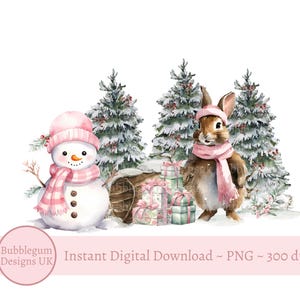 ピンクのスカーフのウサギと雪だるまのクリスマスの森の昇華、PNG、クリスマスイブのボックスのデザイン、サンタの袋のデザイン、ウサギのインスタントデジタルダウンロード