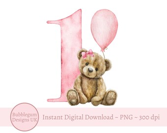 Teddy Bear Pink Balloon 1st Birthday PNG, First Birthday Sublimation  Design, Pink One, Baby Girls First Birthday, Instant Digital Download