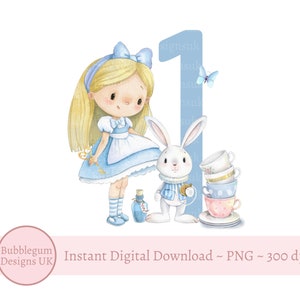 Alice e il coniglio bianco 1° compleanno PNG, Alice Sublimation Design, Alice Primo compleanno Design digitale, Download digitale istantaneo
