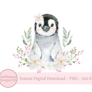 Pingüino bebé con flores rosas PNG, diseño de sublimación de pingüino de acuarela, pingüino lindo, descarga digital instantánea