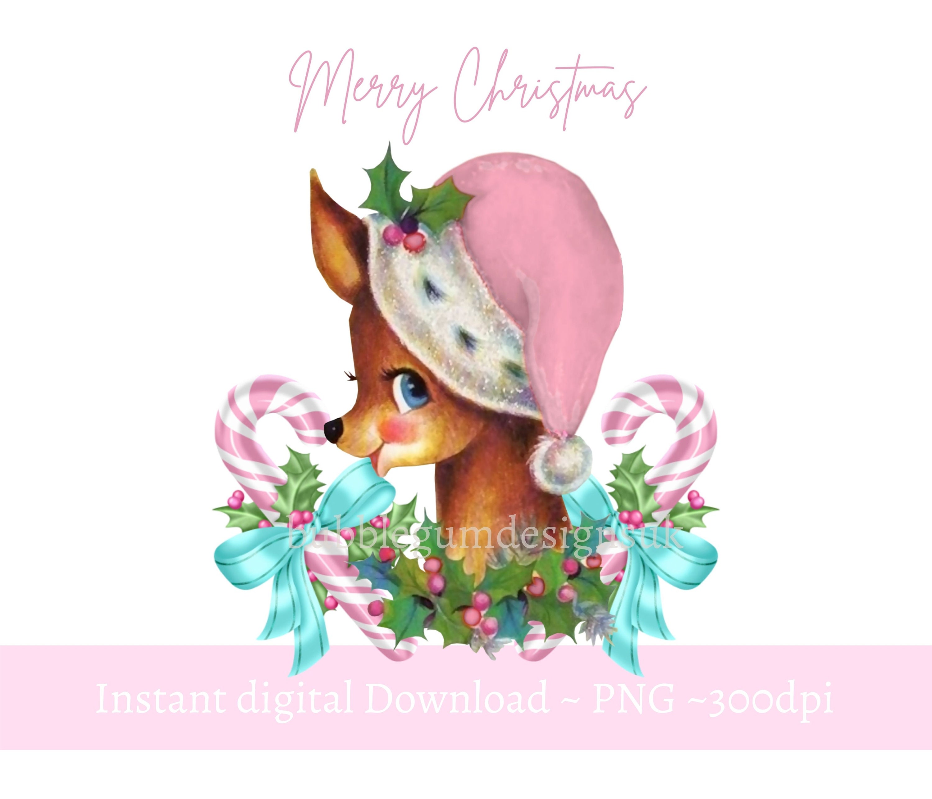 Pink Christmas Reindeer PNG Christmas Clip Art Vintage Etsy