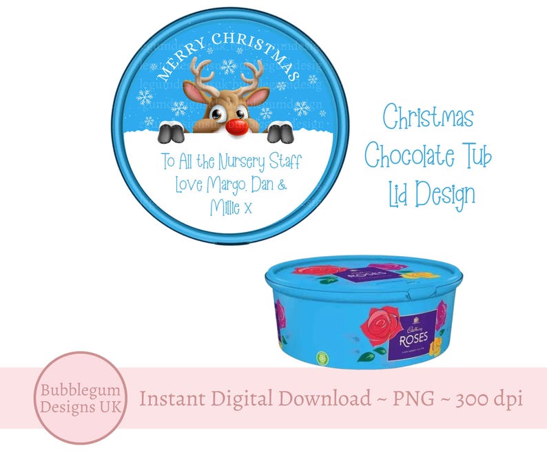 Merry Christmas Rudolph Reindeer Chocolate Tub Lid Design PNG