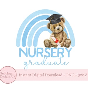 Chambre de bébé diplômé bleu arc-en-ciel en sublimation ours en peluche, PNG, carte ours de remise des diplômes, classe de maternelle de 25 personnes, téléchargement immédiat
