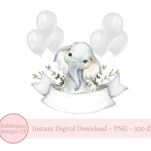 Bébé éléphant gris ballons PNG, design en sublimation éléphant, nouveau-né, baby shower, clipart bébé garçon, téléchargement immédiat