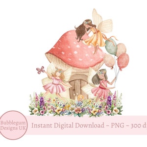 Fée champignon vénéneux PNG, sublimation de fées, décoration de fête d'anniversaire fée, jardin de fées lunatique, maison de fée, téléchargement immédiat