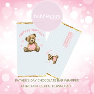 Emballage de barre de chocolat imprimable pour la fête des pères, conception d'ours rose pour la fête des pères, emballage de barre chocolatée de 1,55 oz (100 g), téléchargement numérique instantané