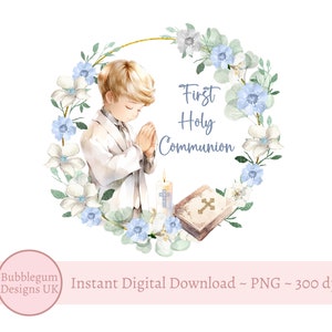 Erste heilige Kommunion Kranz PNG, Jungen 1. Kommunion Sublimationsdesign, Blauer Blumenkranz, Bibel, Beten, sofortiger digitaler Download