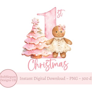 1st Christmas Gingerbread Girl PNG, Różowe Boże Narodzenie, Projekt worka Świętego Mikołaja, Piżamy Wigilijne, Sublimacja bombek, Natychmiastowe pobieranie cyfrowe