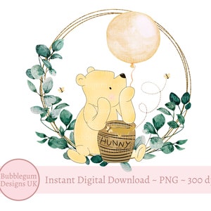 Corona de eucalipto clásica de Winnie The Pooh PNG, sublimación de baby shower de Winnie The Pooh, tarro de miel de Pooh, descarga digital instantánea