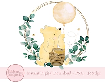 Classic Winnie The Pooh Eucalyptus Wreath PNG, Winnie The Pooh Baby Shower Sublimation, Pooh Honey Pot, Instant Digital Download