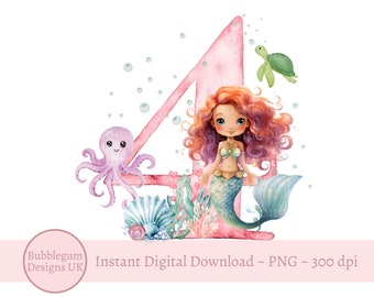Mermaid PNG, Mermaid 4th Birthday Sublimation Design, Under the Sea PNG, Mermaid Digital Design, Mermaid Birthday, Instant Digital Download