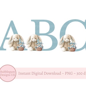 Lop Ear Bunny Easter Alphabet PNG, Blue Rabbit 26 Individual Letters, Easter Bunny A to Z, Blue Bunny Sublimation, Instant Digital Download