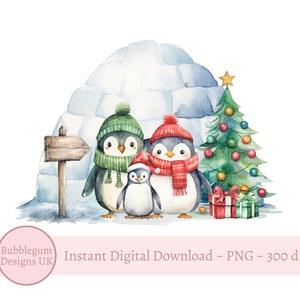 Familia de pingüinos navideños PNG, diseño de sublimación de iglú de pingüino, diseño de tarjeta navideña, diseño de saco navideño, descarga digital instantánea