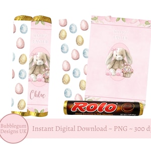 Envoltorios de conejito de Pascua rosado, envoltorios de chocolate para imprimir, plantilla A4 para imprimir, feliz Pascua, descarga digital instantánea