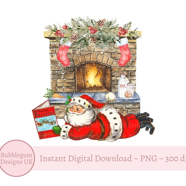 Vintage Santa Christmas Eve Fireplace PNG, Christmas Clip Art, Vintage Santa Design , Holiday Sublimation, Instant Digital Download