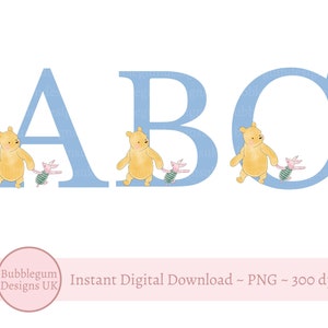 Clásico Winnie the Pooh Blue Alphabet PNG, Classic Winnie y Piglet 26 letras individuales, Alfabeto azul, Descarga digital instantánea