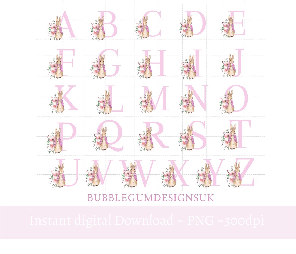 flopsy bunny pink floral alphabet png peter rabbit 26 etsy