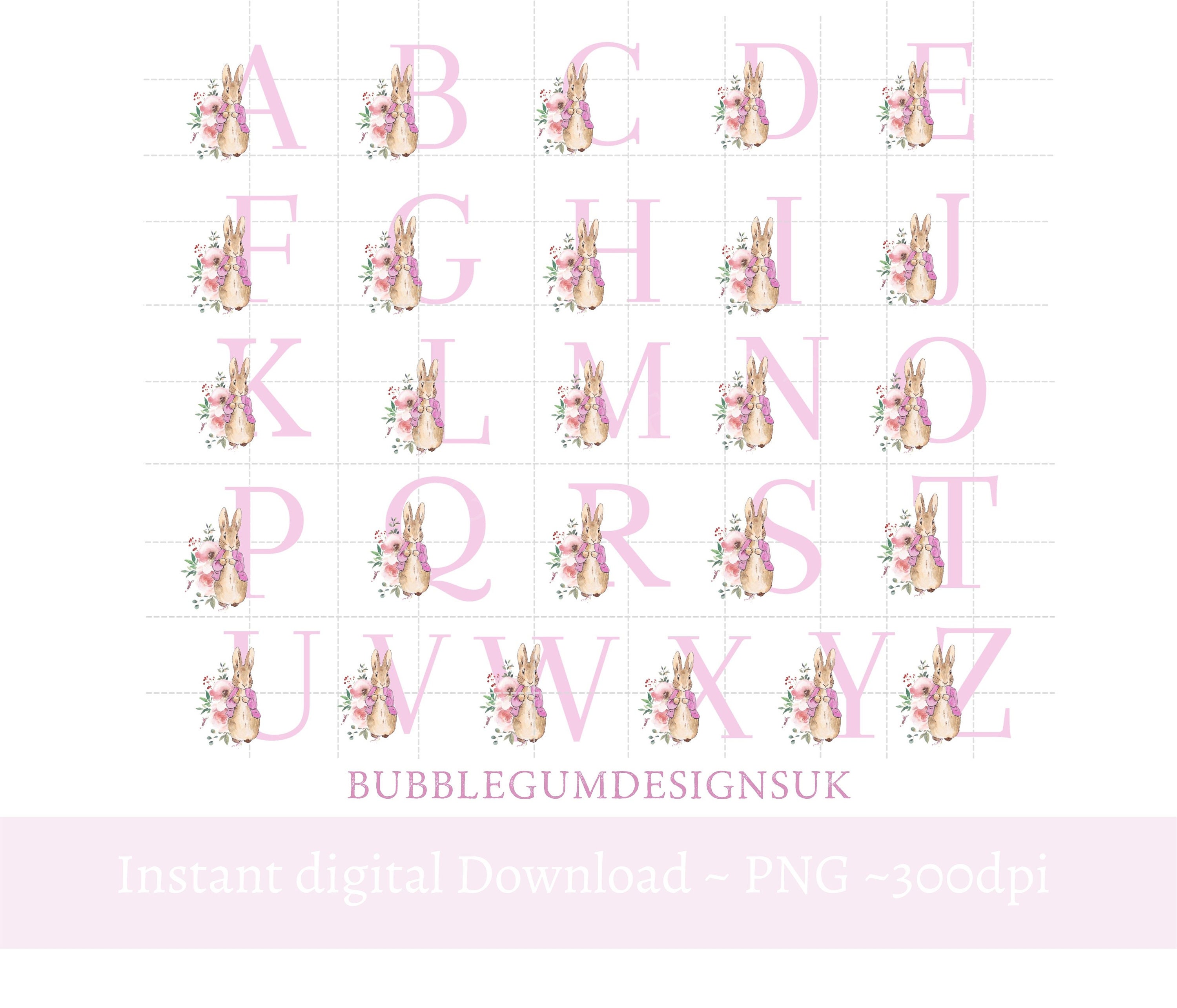 flopsy bunny pink floral alphabet png peter rabbit 26 etsy