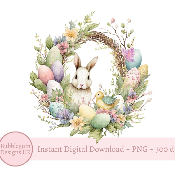 Easter Bunny Floral Easter Egg Wreath PNG, Easter Bunny Sublimation Design, Easter Bunny Clip Art, Rabbit Wreath, Instant Digital Download