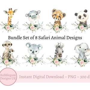 Paquete de 8 animales de safari para bebés PNG, animales bebés en acuarela, diseños de sublimación de camisetas, fiesta de safari, zoológico, descarga digital instantánea