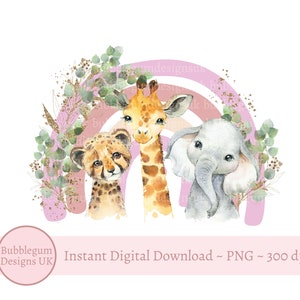 Pink Safari Animals Rainbow PNG, Cute Elephant, Giraffe, Leopard Clipart, New Baby Card Design, Safari Birthday, Instant Digital Download