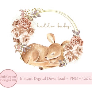 Couronne de fleurs Boho cerf bébé PNG, conception par sublimation, nouveau bébé, baby shower, bébé fille, clipart guirlande bonjour bébé, téléchargement immédiat