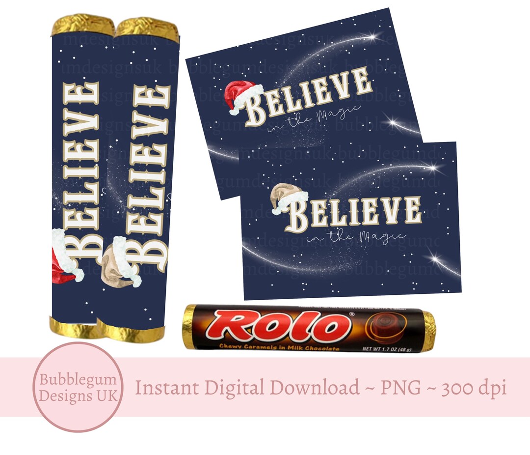 Santa Hat BELIEVE Christmas Rolo Wrapper, Printable Chocolate Candy ...