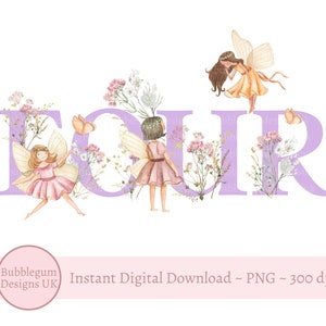 Fée violette fleurs sauvages quatre PNG, sublimation de fées, décoration de fête d'anniversaire de fée, fête de fée lunatique, téléchargement immédiat