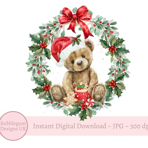 Christmas Teddy Bear Wreath PNG, Christmas Clip Art, Santa Sack Design, Christmas PJ Design, Christmas Sublimation, Instant Digital Download