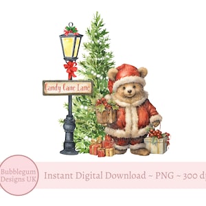 Santa Bär Candy Cane Lane PNG, Teddy Sublimationsdesign, Weihnachtskarte Design, Santa Sack Design, 1st Weihnachten Sofortiger digitaler Download