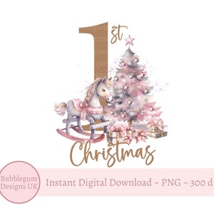 Albero di Natale rosa a dondolo a forma di cavallo PNG, 1° design di sublimazione natalizia, design di biglietti di Natale, design di sacco di Babbo Natale, download digitale istantaneo