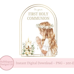 Erste heilige Kommunion PNG, Mädchen 1st Kommunion Sublimationsdesign, Kommunion, Bibel, blondes Haar betender Mädchenbogen, sofortiger digitaler Download