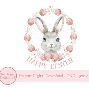 Hase Frohe Ostern Rosa Ei und Blumenkranz PNG, Osterhase Sublimationsdesign, Osterhase Clip Art, Kaninchen, Sofortiger digitaler Download