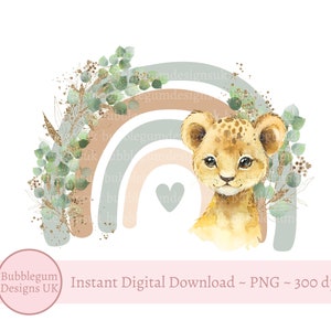 Filhote de leão bebê arco-íris neutro PNG, clipart de filhote de leão fofo, design de cartão para novo bebê, aniversário de safári, download digital instantâneo
