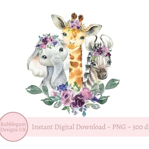 Bébé animaux de safari en couronnes florales violettes PNG, bébés animaux aquarelle, conception en sublimation, image de carte d'anniversaire, téléchargement numérique instantané