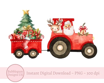 Noël père Noël tracteur & arbre remorque Design en sublimation, tracteur rouge PNG, Noël ferme tracteur T Shirt Design, téléchargement immédiat