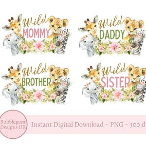 4 x Bebê Safari Animais Meninas Wild One PNGS, Wild One Família T Camiseta Sublimação Designs, Família Aniversário T Camiseta, Instant Digital Download