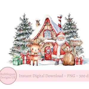Bosque navideño con Papá Noel y reno PNG, diseño de sublimación invernal, diseño de tarjeta navideña, diseño de saco de Papá Noel, descarga digital instantánea