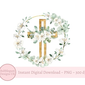 Floral Wooden Cross Wreath PNG, Holy Communion, Baptism, Christening Sublimation Design, Eucalyptus Floral Wreath, Instant Digital Download